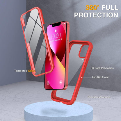 Miracase Compatible with iPhone 13 case 6.1 inch, 2021 Upgrade Full-Body Glass Clear Case Bumper Case with Built-in 9H Tempered Glass Screen Protector for iPhone 13-Red