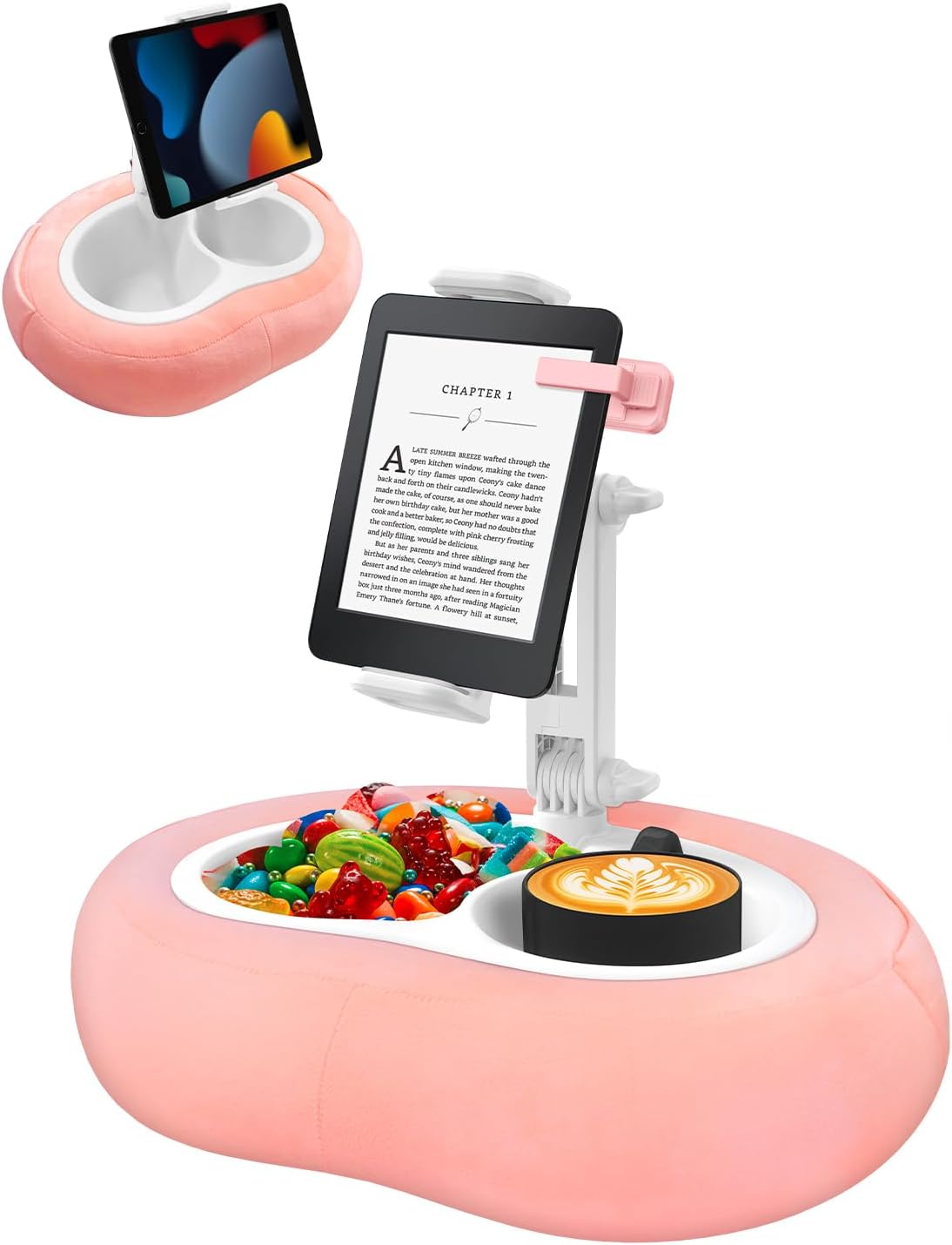 Tablet Pillow Stand, Compatible with 5"-12.9" Kindle, iPad, Phone/Tablet, Google, Samsung, 360° Rotating Phone Holder for Bed, Soft Plush Fabric, Detachable Bowl, Reading and Relaxation on Bed, Pink