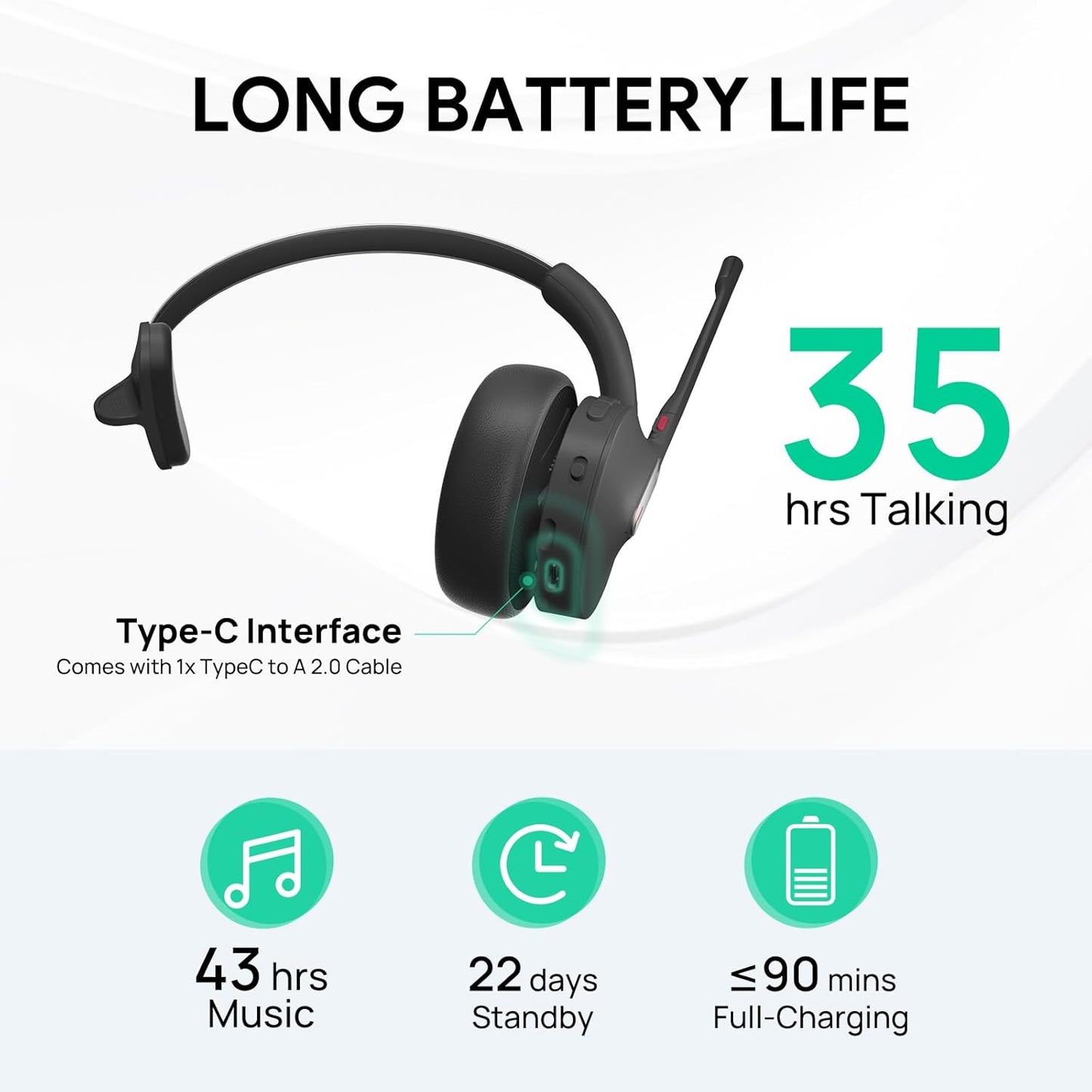 Yealink BH70 Mono Teams Wireless Headset with Mic for Work, Microsoft Teams Certified Bluetooth Headphone for 35h Calling, 91g All-Day Wearing Comfort, Perfect for Open Office, USB-C/A