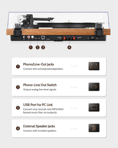 1 by ONE Bluetooth Turntable HiFi System with 36 Watt Bookshelf Speakers, Patend Designed Vinyl Record Player with Magnetic Cartridge, Bluetooth Playback and Auto Off