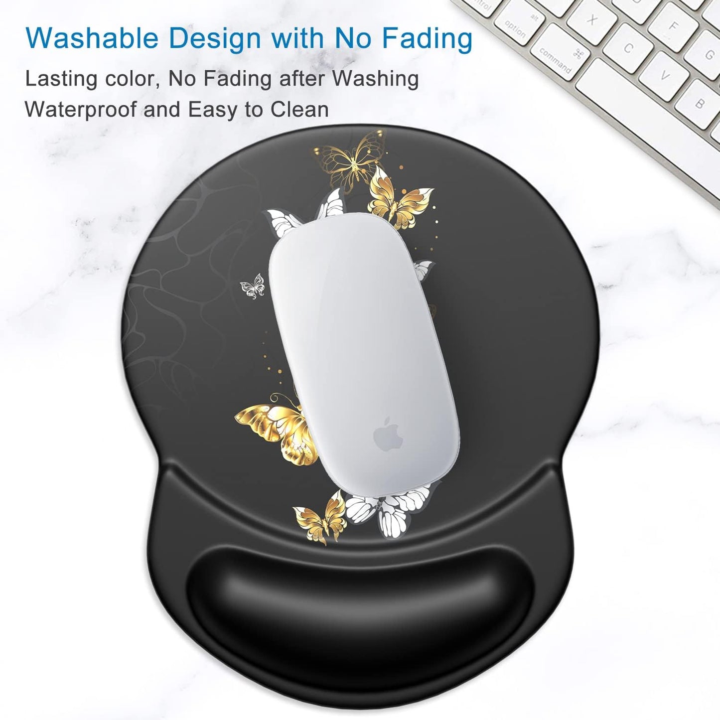 ITNRSIIET Ergonomic Mouse Pad with Gel Wrist Support Small Wrist Rest Smooth Surface Non-Slip PU Base Comfortable Office Supplies Pain Relief, 8.7 x 7.2 inches, Golden Butterfly