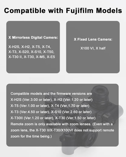 for Fujifilm Rechargeable Wireless Remote Control - Camera Remote Shutter Release with Zoom Focus Compatible with Fujifilm X100 VI/X-M5/X-T5/X-T50/X half/X-S20/X-H2S/X-H2/X-T4/X-T3/X-T30 II/X-M5