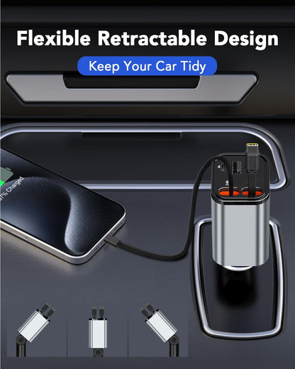 Retractable Car Charger, 4 in 1 Fast Car Phone Charger 66W, 2 Retractable Cables and 2 USB Port, Compatible with iPhone 16/15/14/13/12/11,Galaxy,Pixel
