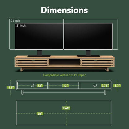 Dual Monitor Stand Riser with Sliding Door, Double Computer Laptop Stand Desk Shelf Organizer with Storage (Natural Bamboo, 38 Inch)