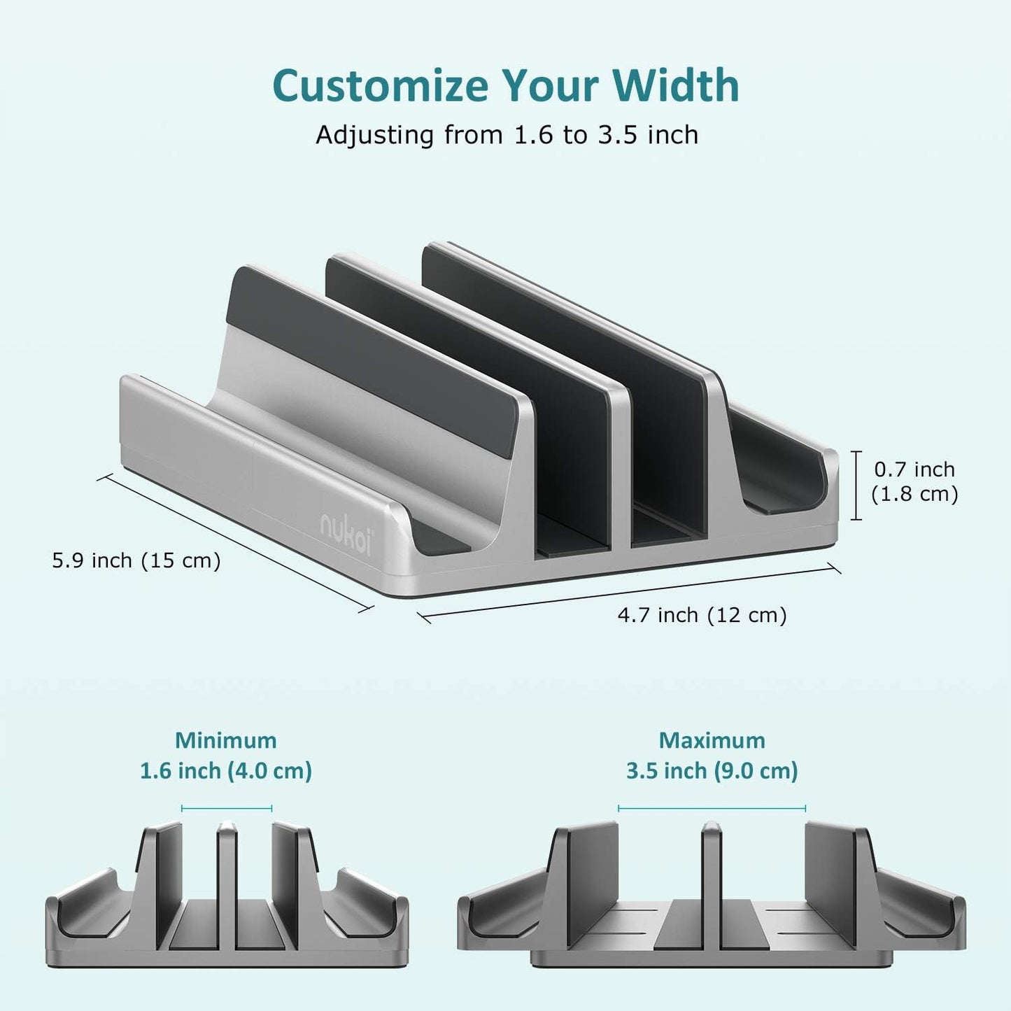 Vertical Laptop Stand - SPACEMax Adjustable GRIPLock Anti-Tip Silicone 4 Slots Aluminum Desktop Holder - Double Dock Stand - 2 Phone Slots Fits Up to 17.3” Laptops, Tablets, Phones - Silver