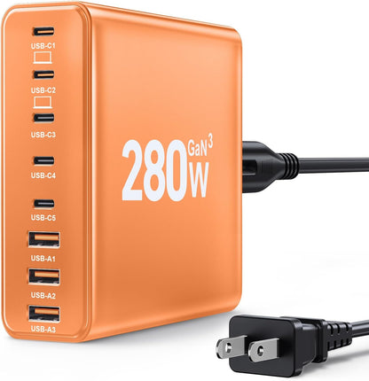 280W USB C Charger Block, 8-Port USB C Charging Station GaN III PD 65W Laptop Charger Adapter Compatible with MacBookPro/Air,DELL,iPad,Portable Charging Station for iPhone,Samsung Galaxy(Orange)