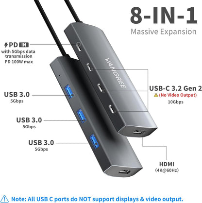 VANGREE USB C Hub, 3 USB 3.2 Gen 2 Ports with 10Gbps, 4K@60Hz HDMI, 100W Power Delivery, 3 USB-A 3.0 Ports, USB C Splitter Multiport Adapter Extender for MacBook Pro/Air, iPad Pro, Mac mini and More