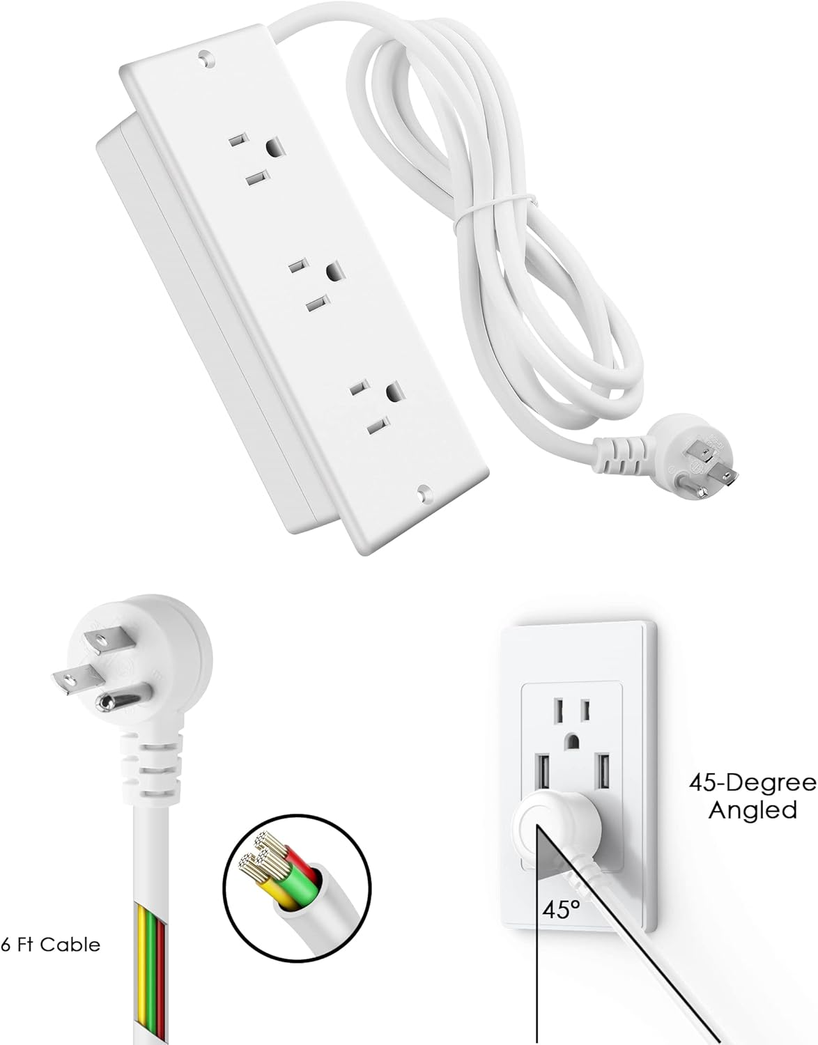 Conference Recessed Power Strip Socket Waterproof,Conference Table Splash Resistant Furniture Recessed Power Strip,Flush Mount with 3 Outlets,6ft Extension Cord,Flat Plug