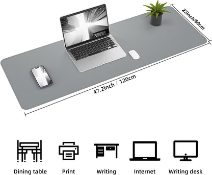 Leather Desk Protector, 47in*23.7in Large Mat with Natural Cork & PU Leather, Mouse Pad, Non-Slip Office Mat, Waterproof Writing Pad for Office and Home (Light Grey)