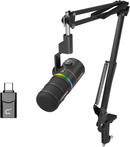 COMICA D10 Pro A Wireless/XLR/USB Dynamic Microphone with Receiver Boom Arm Stand- Dual Channel Cardioid Mic, 45H Battery, RGB Lights, CalMix Denoise for Gaming/Streaming/PD(PC, PS4/5, Mac,Phone)Black