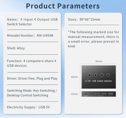 USB 3.0 Switch 4 Computers 3 Computers Keyboard Mouse,4 Port USB Switcher Sharing Mouse Keyboard Scanner Printer, Includes Cables and Remote