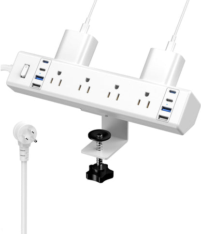 40W Fast Charging Station,Desk Clamp Power Strip,4 USB-C Ports & 8 AC Outlets,Desktop Edge Mount Surge Protector Power Strip,14AWG Heavy Duty Cord,Fit 1.9" Tabletop Edge for Home Office(10Ft Cable)