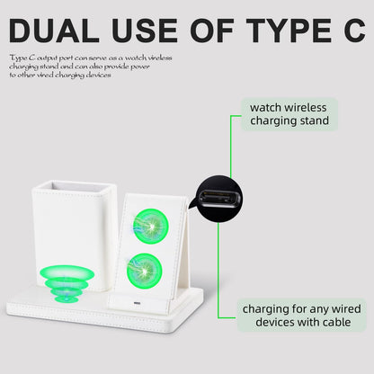 White Leather Pen Holder Desk Organizer with 3-in-1 Wireless Charger for Phone, Earbuds, Watch - Desktop Phone Stand,birthday gifts for women,mom gifts (white)