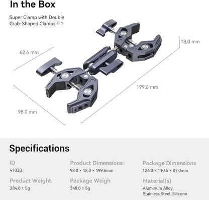 SMALLRIG Double Clamp Mount, Umbrella Clamp, Super Clamp Arm, for Chair, Pole, Tripod, C Stand, Handlebar, All Metal Max Load Capacity 3.5kg