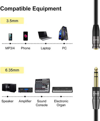 J&D 1/4 inch to 3.5mm Headphone Adapter, Heavy Duty Copper Shell Connecter Joint 3.5mm 1/8 inch Female TRS to 6.35mm Male TRS Stereo Audio Extension Cable, 6 Feet