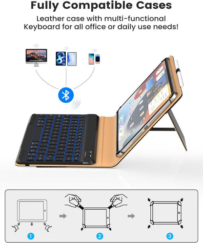 Leather Keyboard Case for 9",9.7",10.1",10.2",10.5",10.9",11" Tablets,7 Colors Backlit,Bluetooth Wireless Keyboard with Pocket Leather Folio Cover(Black)