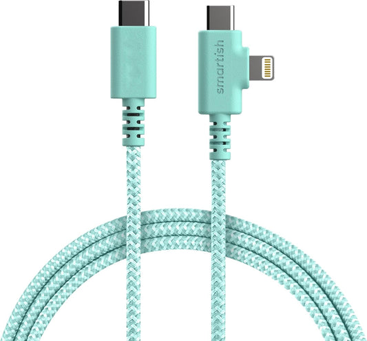 Smartish 2 in 1 USB C to USB C/Lightning Cable - Crown Joule - 6 Ft Fabric Wrapped Fast Charging Cord - for iPhone, Galaxy, Pixel - 100W Dual Fast Charger for Phones/Laptops - Teal Me More