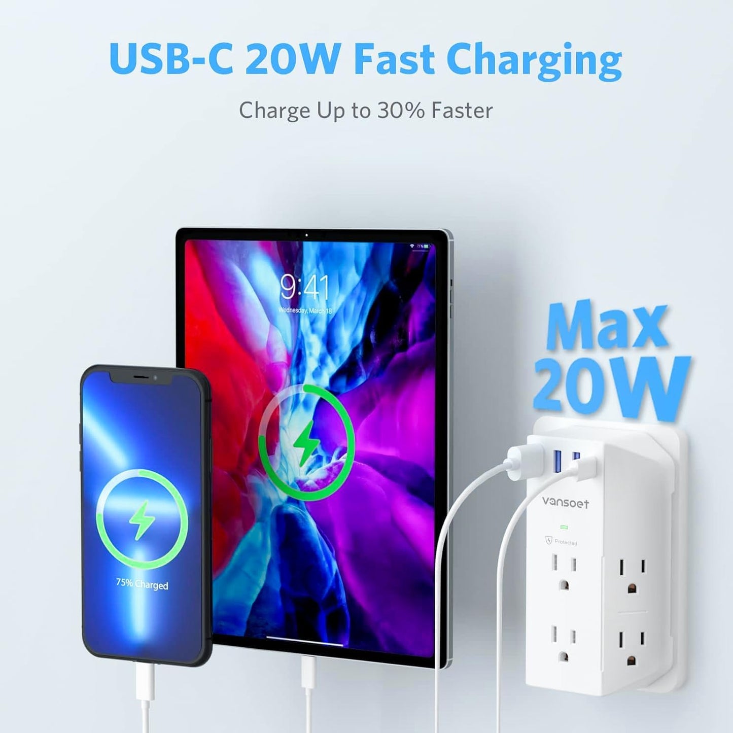 Outlet Extender, Vansoet 6 Outlet Splitter with 4 USB Ports(1 USB C PD 20W), 2100J Surge Protector Power Strip, 3 Side Multi Plug Outlet for Travel, Home, Office, Dorm