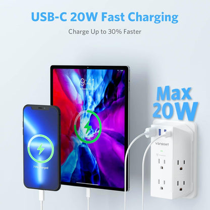 Outlet Extender, Vansoet 6 Outlet Splitter with 4 USB Ports(1 USB C PD 20W), 2100J Surge Protector Power Strip, 3 Side Multi Plug Outlet for Travel, Home, Office, Dorm