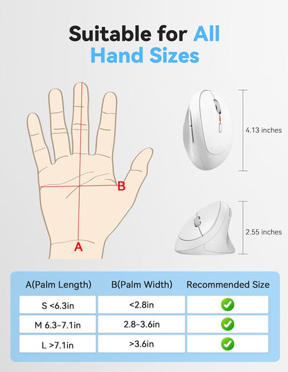 TECKNET Wireless Mouse, 5 Adjustable DPI Levels, 6 Buttons, 4800 DPI Wireless Vertical Mouse, 2.4G Silent Wireless Mouse for Laptop, PC, Chromebook, Mac - Light White