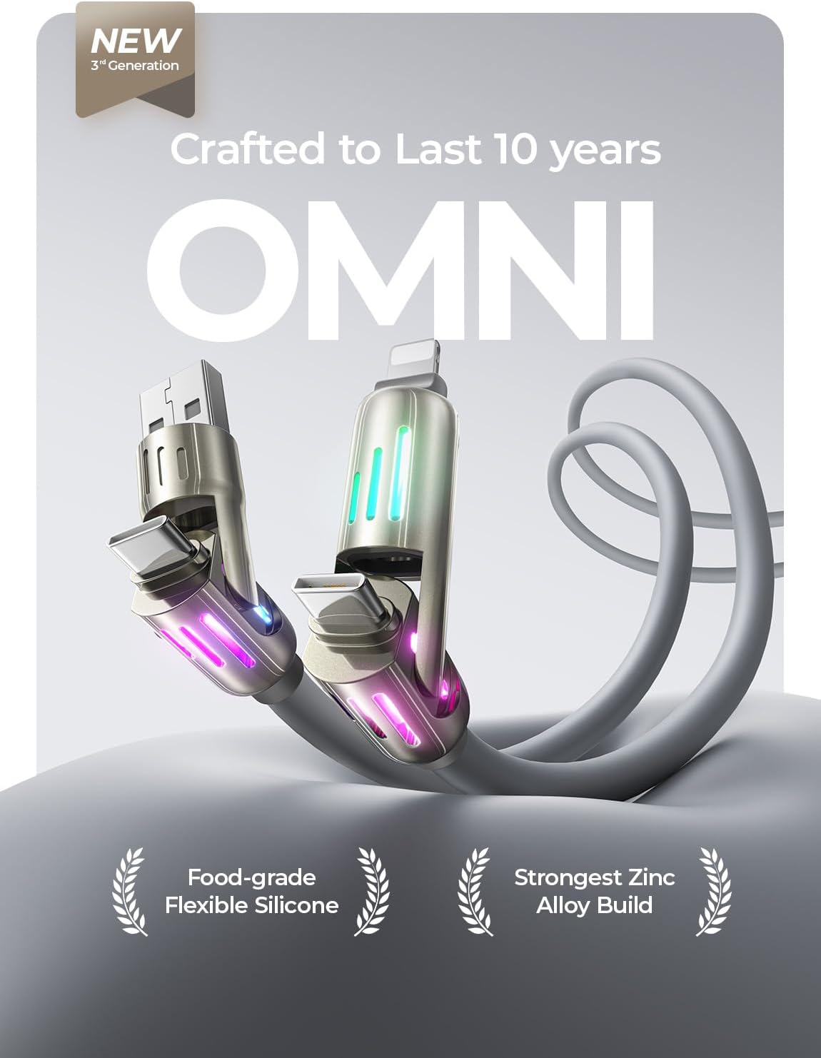 LISEN USB C to Lightning Cable, 240W 4 in 1 Charging Cable 6.6FT, Chubby USB A/C to C/Lightning with Light for iPhone 16e 16 15 14 Pro/MacBook/iPad/Samsung S25/Switch 2, Multi Chargers for All Devices