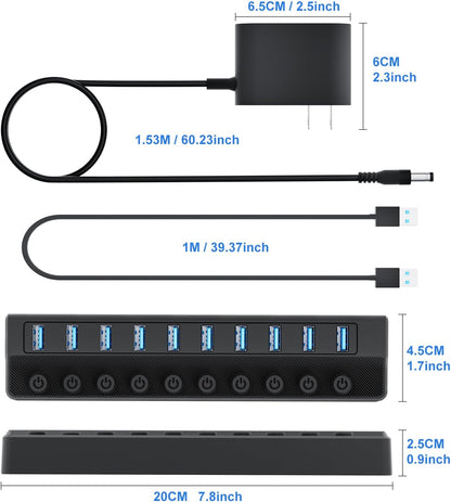 Powered USB Hub 3.0, 10-Port USB Splitter Hub with Individual On/Off Switches and 12V/2A Power Adapter USB Extension