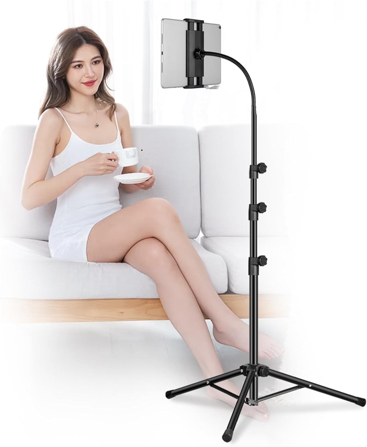 Ipad Tripod Stand, Gooseneck 65" Height Adjustable Floor Stand with 360° Rotating iPad Tripod Mount for iPhone,iPad pro,Kindle and All 4.5-12.9 Inch Tablet and Phone