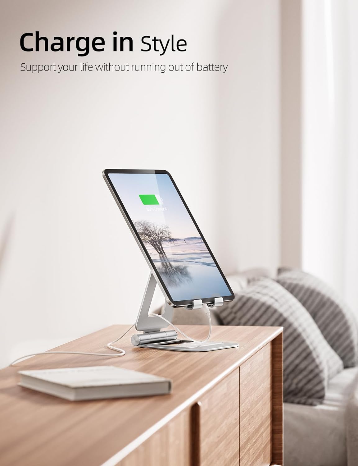 Nulaxy Aluminum Dual Foldable iPad Stand, Fully Adjustable Desktop Tablet Holder, Tablet Accessories for Office Kindle Compatible with Mobile Devices iPad Pro/Air/Mini, iPhone Pro/Max/Plus, Silver