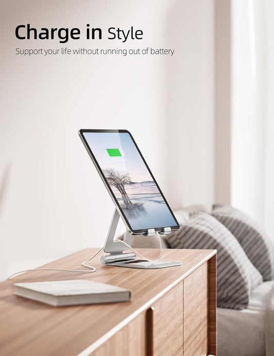 Nulaxy Aluminum Dual Foldable iPad Stand, Fully Adjustable Desktop Tablet Holder, Tablet Accessories for Office Kindle Compatible with Mobile Devices iPad Pro/Air/Mini, iPhone Pro/Max/Plus, Silver