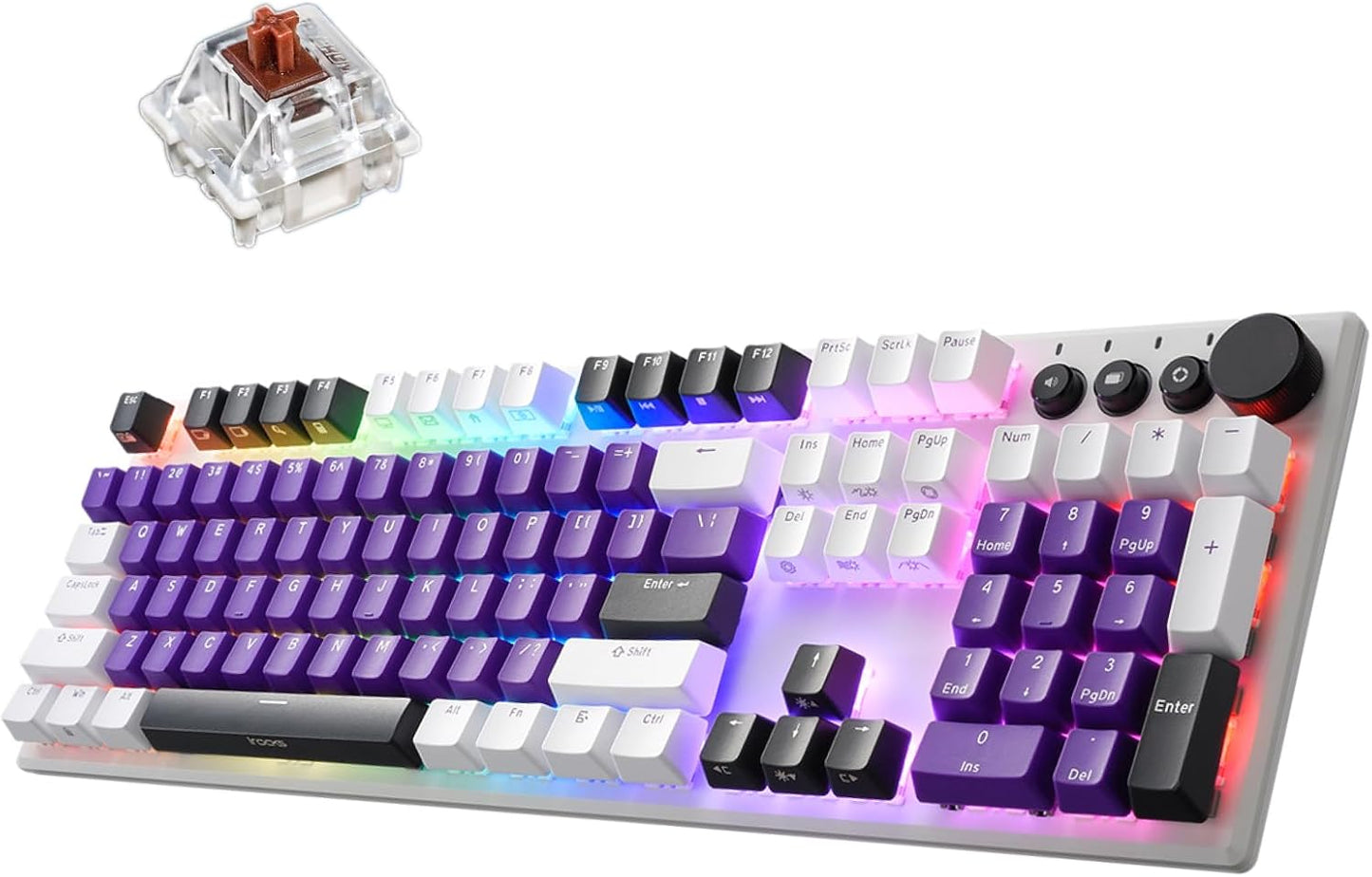 iRocks K74R Wireless RGB Illuminated Mechanical Gaming Keyboard, Hot-Swappable Switches, Floating Design, PBT 107 Keys NKRO, Detachable USB-C Cable - White Amethyst (Brown Switches)