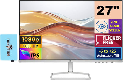 HP Series 5 527sf Monitor (Replaces Model M27h) 94F44AA#ABA w/Docztorm Dock, 27" FHD IPS (1920x1080) Display, 2x HDMI, 1x VGA, Flicker-free, Ideal for Home & Business, Black/Silver (2024 Latest Model)