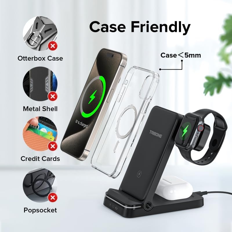 Wireless Charger, Tribone 3 in 1 Foldable Fast Charger for iPhone 17 16 15 14 13 12 11 Pro Max XR XS 8 Plus，for Apple Watch 10 9 8 7 6 5 4 3 2 SE Ultra,for AirPods Pro 4 3 2, Black