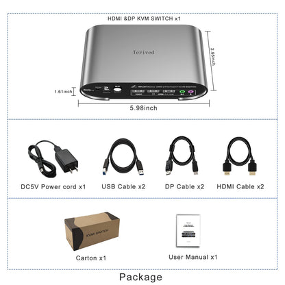2 Computers 2 Monitors (HDMI + DP) Automatic KVM Switch, 4K@144Hz, 2K@240Hz, Hotkey Switching, Audio and Microphone Output, Aluminum Shell Digital Display, HDR10 with Cables