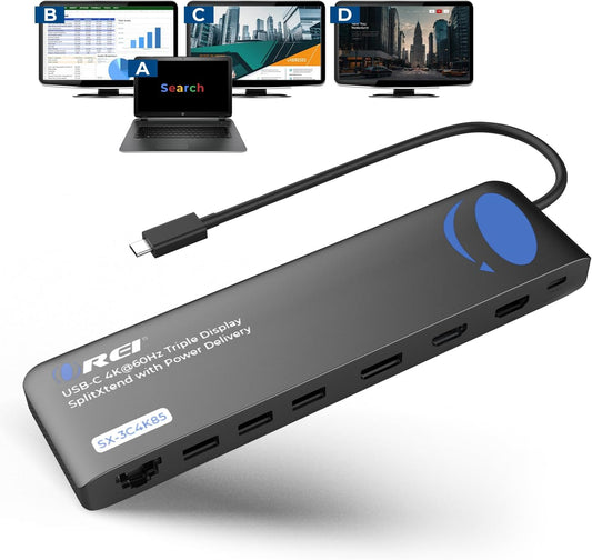 OREI USB-C Triple Monitor Docking Station Splitter – USB-C to 2× HDMI & 1× DisplayPort Adapter, 100W PD, Gigabit Ethernet, 4× USB2.0/3.0, microSD Reader – Windows & Mac Compatible