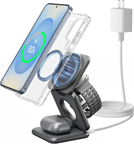 Qi2 Certified 3 in 1 Charging Station for Samsung, Aluminum Alloy Foldable 15W Wireless Charger for Galaxy S25 Series Z Flod 7, Fast Charger for Galaxy Watch Ultra, for Galaxy Buds