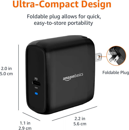 Amazon Basics 65W One-Port GaN USB-C Wall Charger with Power Delivery PD, Foldable Plug, for Laptops, Tablets & Phones, Black