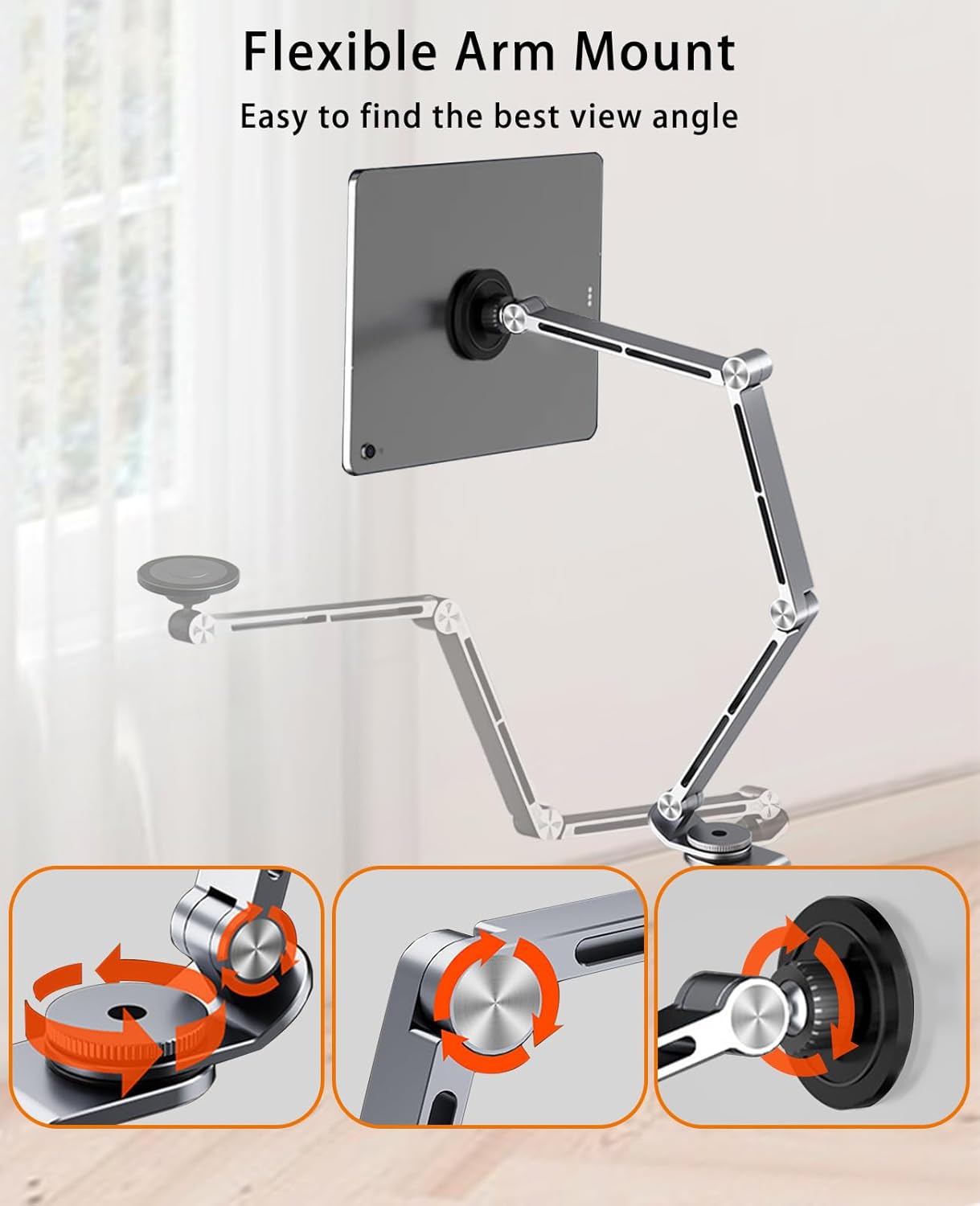 Magnetic Tablet Stand for Desk Aluminum Alloy Phone iPad Desk Holder Overhead Arm Mount with 360°Rotate Base for Magsafe/iPhone/Android/iPad (Magnetic Gray)
