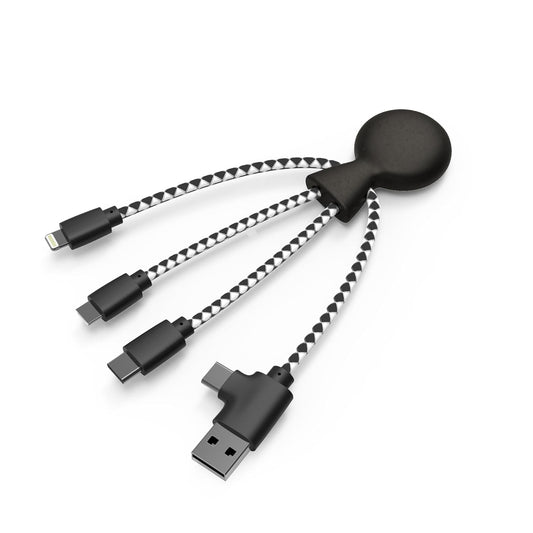 Mr Bio 4 in 1 Multi USB Cable Octopus Design Black - Universal Recycled Plastic Charger - USB Plug - USB-C - Lightning - Micro USB for Universal Smartphone