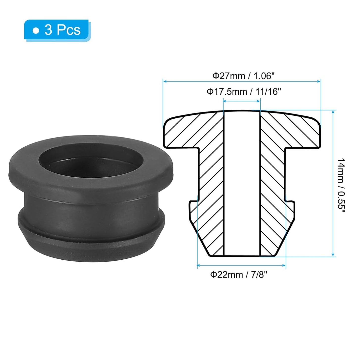 PATIKIL 22mm / 7/8 Inch Drill Hole,11/16 Inch ID Rubber Grommets, 3Pcs Top Hat Grommet for Wiring Eyelet Ring Gasket Automotive Firewall Cable Hole Plugs Wires Protection, Black