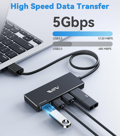 USB 3.0 Hub,4 Port USB Splitter Extender Portable Adapter Multiport Data Hub for Laptop,Xbox, Flash Drive,HDD,Console,Camera,Keyborad,Mouse Windows,Mac OS PC,Not Designed to Charge Devices-Black