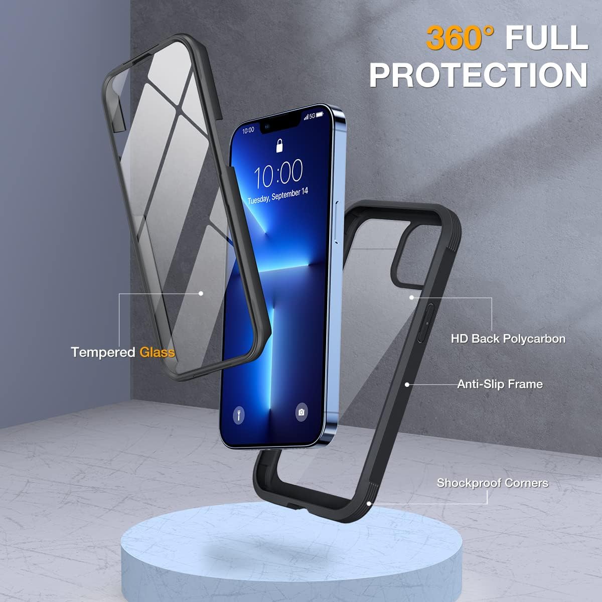 Miracase Glass Case for iPhone 13 Pro Max 6.7 inch, Upgrade Full-Body Clear Phone Bumper Case Cover with Built-in 9H Tempered Glass Screen Protector, Black