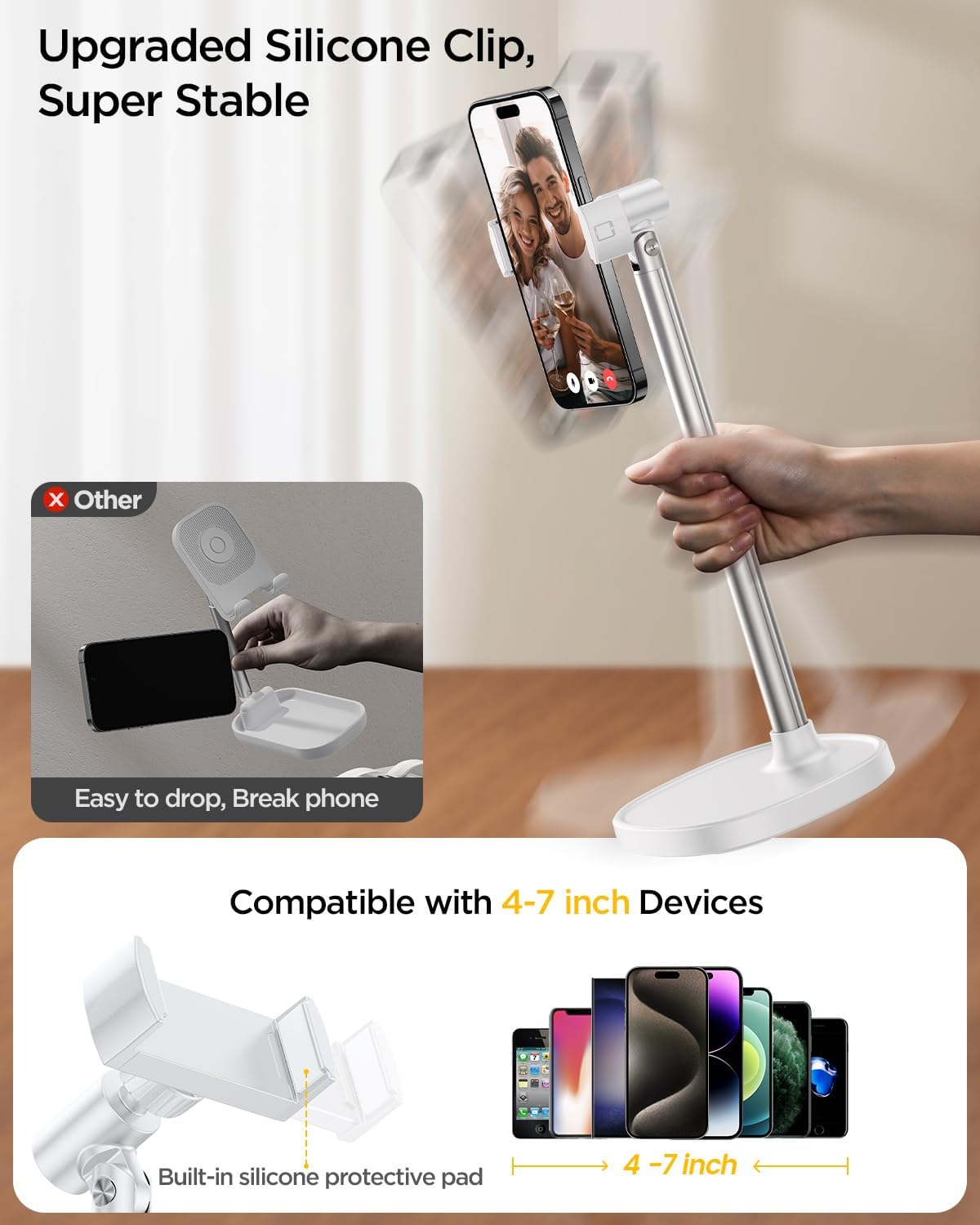 DIMONCOAT Adjustable Aluminum Alloy Cell Phone Stand - White, Universal Compatibility with 4-7 inch Devices, 180° Flip & 360° Rotation
