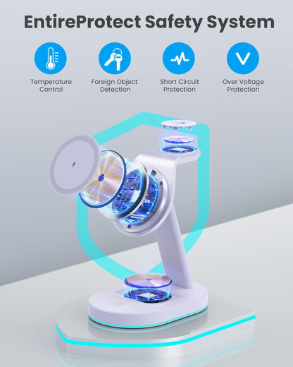 3 in 1 Wireless Charger Charging Station for iPhone,Qi2 Certified 15W Magnetic Charging Stand for Mag-Safe with 30W USB C Adapter&Friendly Night Light for iPhone 16/15/14/13/12,Apple Watch,AirPods