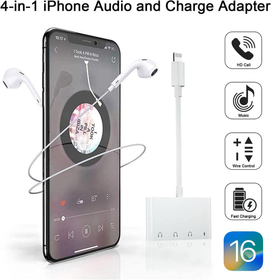 4 in 1 Headphone Splitter, iPhone Headphone Adapter + Dual 3.5mm Headphone Jack Adapter + Charging Port for iPhone 14 13 12 11 X 8 7