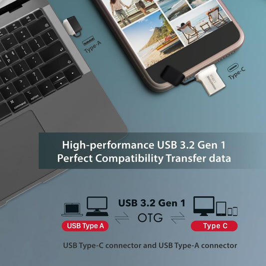 GIGASTONE 128GB Nano Luxus Dual Drive, Z50 USB 3.2 Gen 1, 2-in-1 USB-A & Type-C, 100MB/s Ultra Fast, Cap Design, Metal, Plug & Play for Smartphone/PC/Mac/TV/Car, 2.0/3.0/3.1 Compatible
