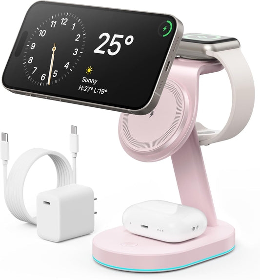3 in 1 Wireless Charger Charging Station for iPhone,Qi2 Certified 15W Magnetic Charging Stand for Mag-Safe with 30W USB C Adapter&Friendly Night Light for iPhone 16/15/14/13/12,Apple Watch,AirPods
