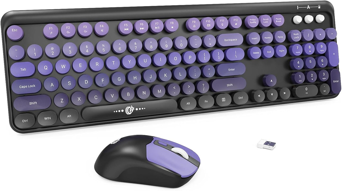 Wireless Keyboard and Mouse Combo, 104 Round Keys Cute Colorful Keyboard and Mouse with Retro Typewriter for PC/Mac/Laptop/Tablet/Computer/Windows Black Purple