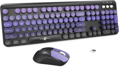 Wireless Keyboard and Mouse Combo, 104 Round Keys Cute Colorful Keyboard and Mouse with Retro Typewriter for PC/Mac/Laptop/Tablet/Computer/Windows Black Purple