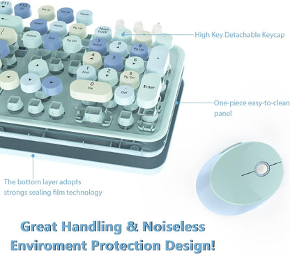 Wireless Keyboard and Mice Combo,Retro Round Keys Full-Sized Cute Keyboard, 2.4Ghz Dropout-Free Connection and Optical Mouse for Windows, Mac, PC, Laptop, Desktop (Blue-Colorful)