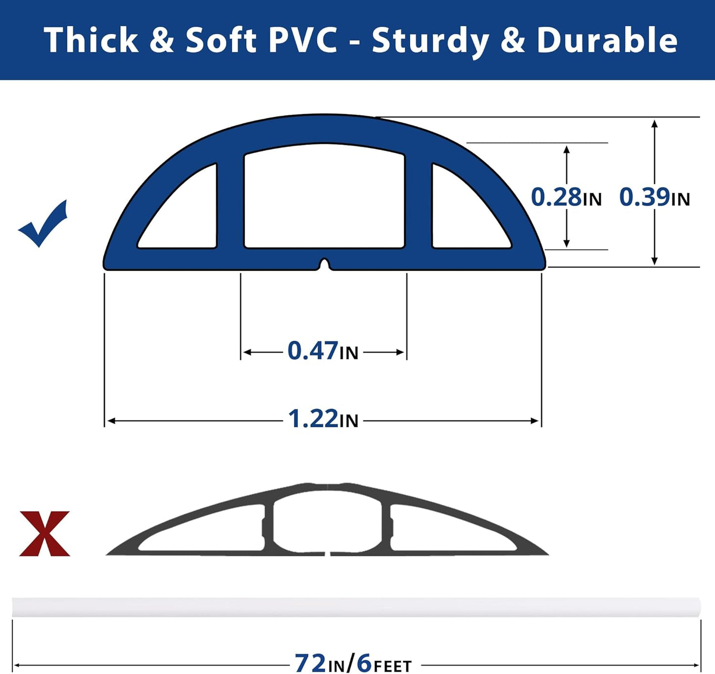 Cord Cover Floor 6ft White, PVC Floor Cable Cover, Cord Hider Floor Cord Protector Prevent Cable Trips & Protect Wires, Floor Cable Management Hide Cords on Floor, Cord Cavity -W0.47 x H0.28